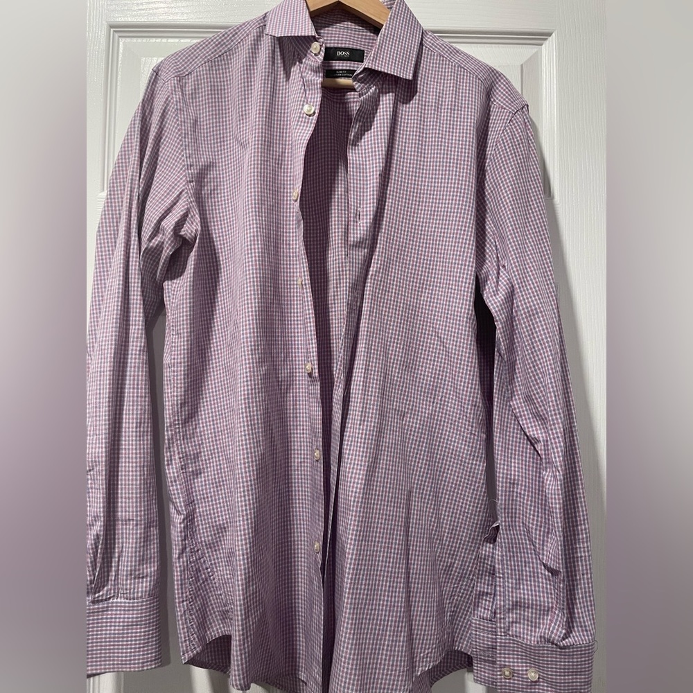 Hugo Boss Check Shirt: Egyptian Cotton, Large, Blue/Burgundy/White Elegance.